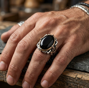 Black Onyx Gemstone 13x18mm Oval Shape Men's 925 <b>Silver</b> Two Tone Plated Punk Style Bezel Setting Signet Ring For Everyday Wear - Product Image 4