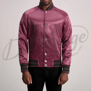 Blouson bomber satiné bordeaux pour homme avec poignets côtelés rayés noirs et fermeture à boutons-pression, vêtement d'extérieur léger - Product Image 6