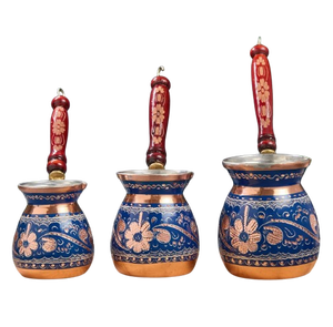 Cafetière turque, grecque, arabe en cuivre et laiton gravé de couleur bleue, pour cuisinière, avec poignée en bois (Cezve, Ibrik, Briki) - Product Image 6