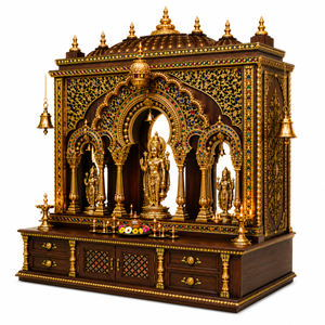 Temple de prière traditionnel Ram Darbar en teck sculpté à la main, statues dorées, design d'arche décoratif, taille personnalisable professionnelle - Product Image 2
