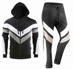 Ensemble de survêtement pour homme avec blocs de couleur, sweat-shirt à fermeture éclair à manches longues, poches latérales, vêtement décontracté respirant, col à capuche, style hiver - Product Image 2