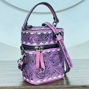 Estuche de Maquillaje de Cuero Vacuno Rosa Estilo Western, Hecho a Mano, con Asa y Correa para el Hombro, Organizador de Maquillaje de Viaje - Product Image 4