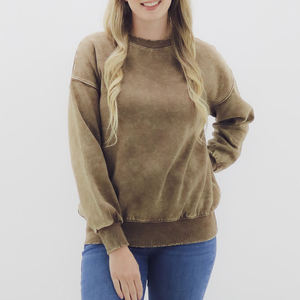 Sudadera de cuello redondo para mujer, lavado ácido, color liso, tejido de punto, manga larga, informal, para otoño, algodón transpirable, diseño de manga completa - Product Image 5