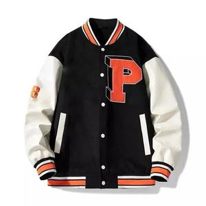 Unisex Canvas Varsity Jacket Navy White Color Block Hooded Stand <b>Covered</b> <b>Button</b> Closure Regular Fit Winter Casual Style Front - Product Image 2