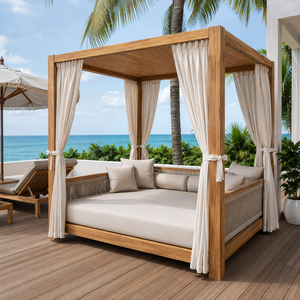 Lit de repos de luxe en teck massif pour l'extérieur avec coussins résistants aux intempéries, lit à baldaquin moderne pour piscine, idéal pour les villas, les hôtels et les complexes hôteliers - Product Image 6