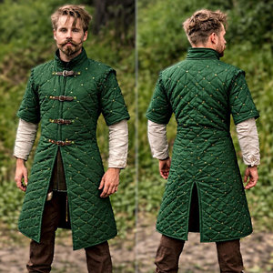 Green Medieval Gambeson Padded Jacket Costume For Reenactment Historical Training Protective Thick <b>Quilted</b> Coat - Product Image 3
