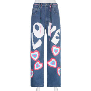 Jean en denim à jambe large imprimé Love OEM 2026, taille haute avec cordon de serrage, style grande taille, longueur intégrale, en coton pour femme - Product Image 3