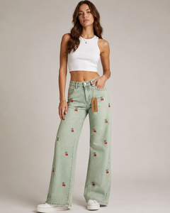 Jean taille haute à jambe large avec broderie cerise, en coton doux, grande taille, pantalon décontracté d'été pour femme, longueur complète, boutonné, OEM - Product Image 1