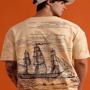 เสื้อยืดแขนสั้นผู้ชายลายพิมพ์วินเทจ ผ้าถัก 100% คอตตอน ทรงปกติ ระบายอากาศได้ดี พร้อมลายเรือใบด้านหลัง - Product Image 4