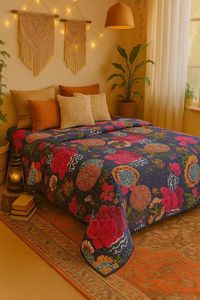 Indian Handmade Floral Print Kantha <b>Quilt</b> Hand Stitched Reversible Cotton Bedding <b>King</b> <b>Size</b> Bedcover <b>Bedspread</b> Home Hotel Decor - Product Image 4