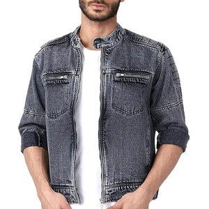 URBANGAZER Men's Stonewashed Denim Varsity Jacket Stand Collar <b>Covered</b> <b>Button</b> Closure Casual Winter Style Regular Fit Solid - Product Image 1
