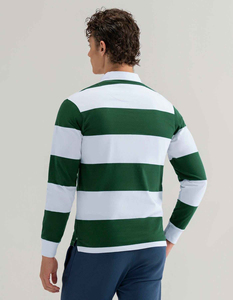 Polo de Rugby Personalizado de Alta Calidad para Hombre, Transpirable, Blanco con Rayas Teñidas en Verde, de Manga Larga y Corte Holgado - Product Image 4