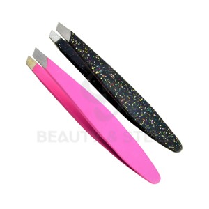 Professional 7cm Mini Slanted Tip Eyebrow Tweezer <b>Set</b> in Sparkling Galaxy and Vibrant Hot <b>Pink</b> Finishes - Product Image 1