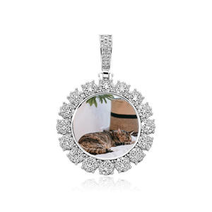 Personalized Round Photo Pendant Diamond Flower Border Necklace Custom Picture <b>Memory</b> Charm - Product Image 1