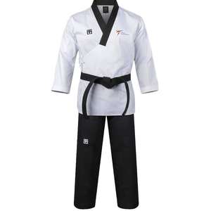 Uniforme de taekwondo de tela premium de polialgodón, ligero, transpirable, duradero, uniforme de entrenamiento con diseño de cuello en V para hombres y mujeres. - Product Image 1