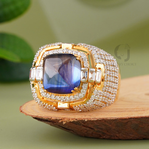 Art Deco Blue Sapphire <b>Ring</b> 18K Yellow Gold Lab Grown Diamond Side Stones VVS VS DEF Clarity Large CZ <b>Statement</b> <b>Ring</b> for Women - Product Image 4