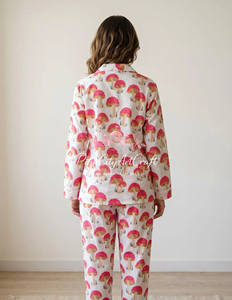 Handmade Summer Mushroom Print Cotton Pajama Set for Women Breathable Quick-Dry Luxury Block Printed Long Sleeve Button-<b>Down</b> - Product Image 2