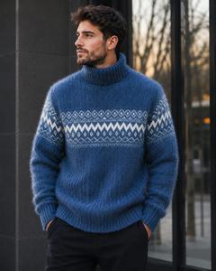 Pull à col roulé en laine épaisse pour homme, motif géométrique, tricoté, décontracté, hiver, manches longues, coupe classique - Product Image 1