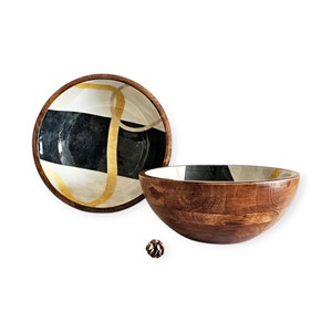 Handcrafted Wooden Serving <b>Bowl</b> with <b>Blue</b> Leaf Enamel Pattern for Modern Dining Table and Natural Home Decor Style Aura - Product Image 4