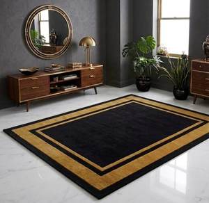 Tapis géométrique moderne rectangulaire noir avec bordure dorée, tapis en laine tuftée fabriqué à la machine, pour salon, avec dos antidérapant en caoutchouc - Product Image 6
