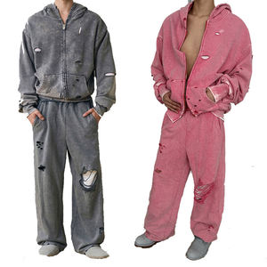 Sweat à capuche léger en coton uni pour homme, effet usé, avec fermeture éclair, et pantalon de survêtement déchiré, à cordon de serrage, respirant et à séchage rapide - Product Image 4