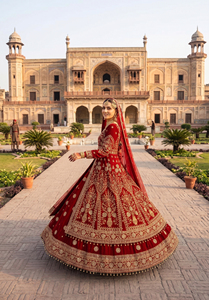 Robe de mariée en velours coupe A-line Anarkali Lehenga avec dos illusion, broderie à la main riche, bordure en dentelle et pompons pour femme - Product Image 5