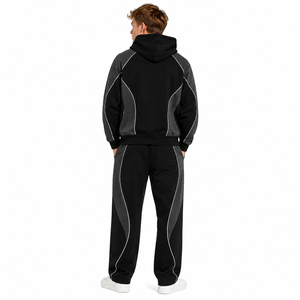 Sudadera con capucha oversize de corte regular con paneles en contraste y cremallera, pantalones de chándal de algodón de felpa de pierna recta personalizados, ropa deportiva casual Y2K - Product Image 3