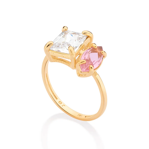 Women's 10K Gold Cocktail <b>Ring</b> With Princess Cut Diamond And Rose Quartz Prong Setting Glam Engagement <b>Ring</b> - Product Image 1