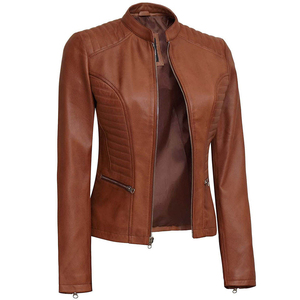 Chaqueta de Cuero Genuino para Mujer, Marrón, Acolchada, Estilo Motero, Corte Ajustado, Informal, Abrigo Exterior, Top Ventas, Moda, Estilo Café Racer - Product Image 2