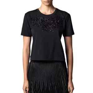 Camisetas Personalizadas para Mujer, Transpirables, con Diseño Floral, Adorno de Pedrería, Corte Recortado, Tejido de Poliéster y Algodón, Corte Regular - Product Image 2