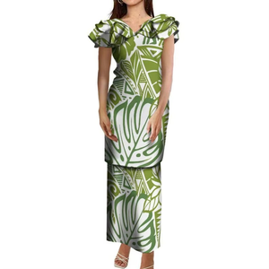 Conjunto de Dos Piezas Puletasi Samoano con Estampado Tribal Polinesio y Volantes en Capas, Vestido Personalizado de Talla Grande para Mujer con Cuello en V - Product Image 3