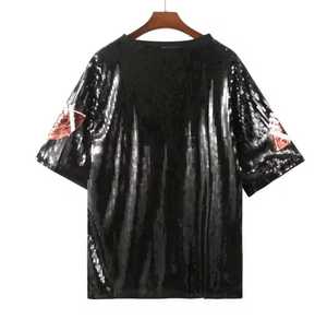 Men's O-Neck Knitted <b>T</b>-<b>Shirt</b> <b>Sequin</b> Embroidery Animal Print Raglan Sleeve Casual Wear Black 100% Cotton Front Logo - Product Image 2