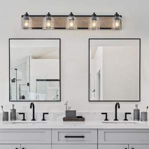 Modern Industrial Design 40\" Farmhouse Vanity <b>Light</b> Fixture 5-<b>Light</b> Bathroom <b>Wall</b> Sconce Clear Seeded Glass <b>Shades</b> Lighting - Product Image 2