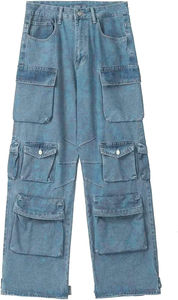 Pantalon cargo en jean 100 % coton délavé effet soleil, motif uni, respirant, style décontracté, plusieurs poches - Product Image 2