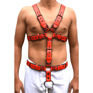 Adjustable Chest and Waist Straps With Black Metal Buckles Fashion Streetwear & Costume Gear Red <b>Leather</b> Body <b>Harness</b> For Men - Product Image 1