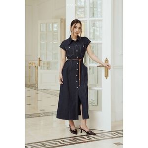 Vestido Camisero Maxi Casual de Maternidad Azul Marino con Bolsillos en el Pecho, Bolsillos Laterales y Cinturón Ajustable para Uso Diario de Verano [V637] - Product Image 1