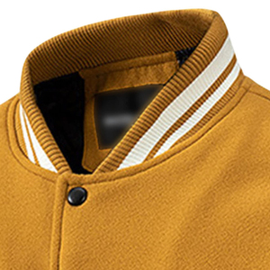 Men's Mustard Varsity Jacket for Sleeves Mandarin Collar <b>Covered</b> <b>Button</b> Closure Casual Winter Wear 2027 Breathable - Product Image 2