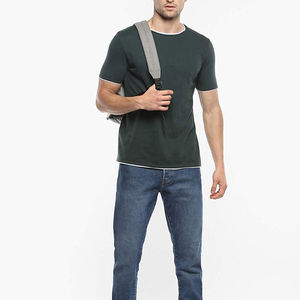 Men's Dark Green O-Neck Short Sleeve T-<b>Shirt</b> Slim Fit Knitted Cotton Casual Solid Color Contrast Trim Regular Length - Product Image 3