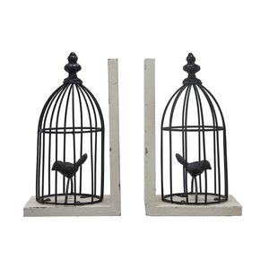 Fermalibri a forma di gabbia per uccelli, nero anticato, S/2, 5.5x4.5x10 pollici, bianco antico - Product Image 2