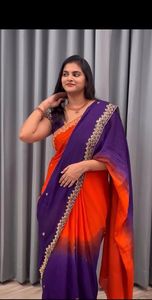AARA Fashion <b>Orange</b> Purple Silk <b>Saree</b> Embroidered Border Traditional Indian Wedding Wear for Women Sun Protection All Seasons - Product Image 3
