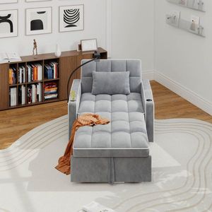 Corduroy <b>Pull</b>-<b>Out</b> Sleeper Chair with Pillow Brushed Stainless Steel Cup Holder Phone Stand and USB Charging Port <b>Sofa</b> <b>Bed</b> - Product Image 2
