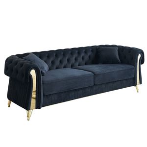 Divano Chesterfield Moderno 89 W in Velluto Nero Trapuntato per Soggiorno con Due Cuscini e Due Cuscini Decorativi - Product Image 5