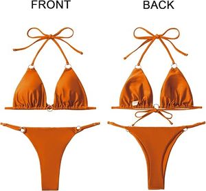 Women Orange Halter <b>Bikini</b> Set Ruched Two Piece Swimwear With Ring Detail Thong Bottom Stretch Solid Color Beachwear - Product Image 5