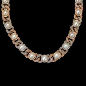 S925 Lab Grown Diamond Solid Gold Pearl <b>Statement</b> <b>Necklace</b> Rose Gold Plated Geometric Link Chain Women's Wedding Jewelry - Product Image 1