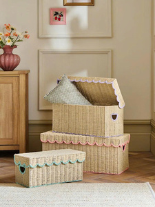 Exquisite Handmade Paper <b>Rope</b> Rectangle <b>Storage</b> Box Set With Scalloped Lid Wicker Organizer <b>Basket</b> Closet <b>Storage</b> For Kids Room - Product Image 2