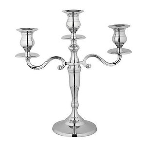 Polished retro style three arm silver <b>candelabra</b> with graceful s-curve branching arms, available at wholesale prices. - Product Image 1