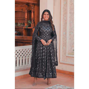 Black Lucknowi Sequins Work Vestido con cuello en V con Dupatta XS Size Suit Set - Product Image 2
