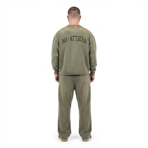 Conjunto Deportivo para Hombre, Sudadera Cuello Redondo Verde Oliva con Lavado Ácido, Pantalones Jogger, Ropa Casual de Calle, Traje de Dos Piezas - Product Image 2