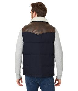 Men's Blue Puffer <b>Vest</b> With <b>Brown</b> Leather Panels And Shearling Collar Button Closure Casual Winter Outerwear - Product Image 2