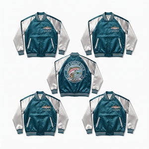 Großhandel Satin-Bomberjacke Marineblau Gold Otter-Stickerei Varsity-Mantel mit Reißverschluss Vorne Direkt vom Hersteller - Product Image 5